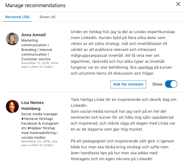 LinkedIn rekommendation redigera