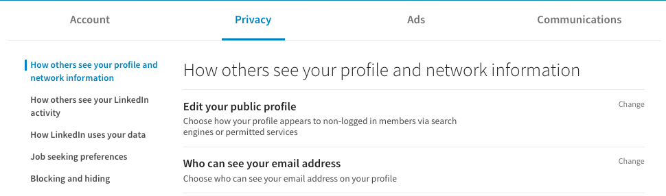 sekretess inställning LinkedIn profil