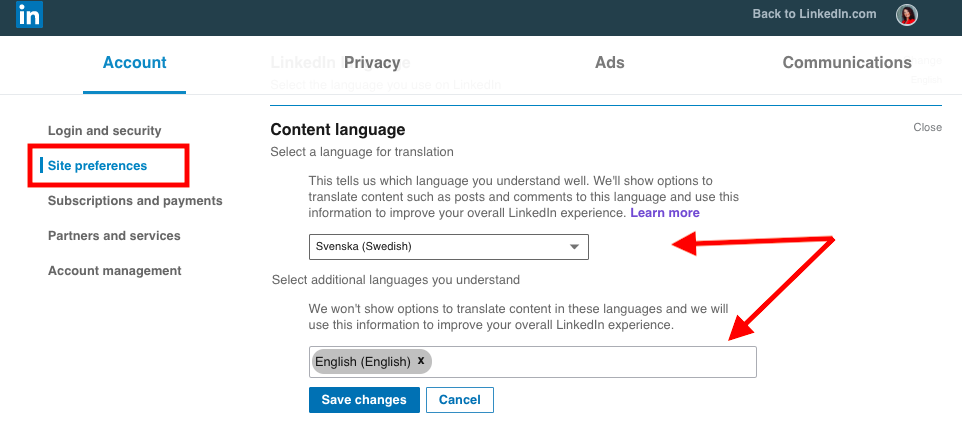 LinkedIn språk språkinställning översättning