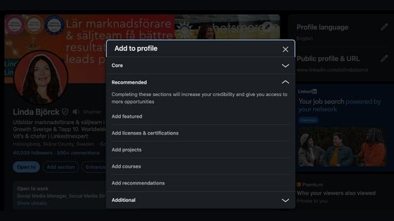lägg till utvalt linkedin profil